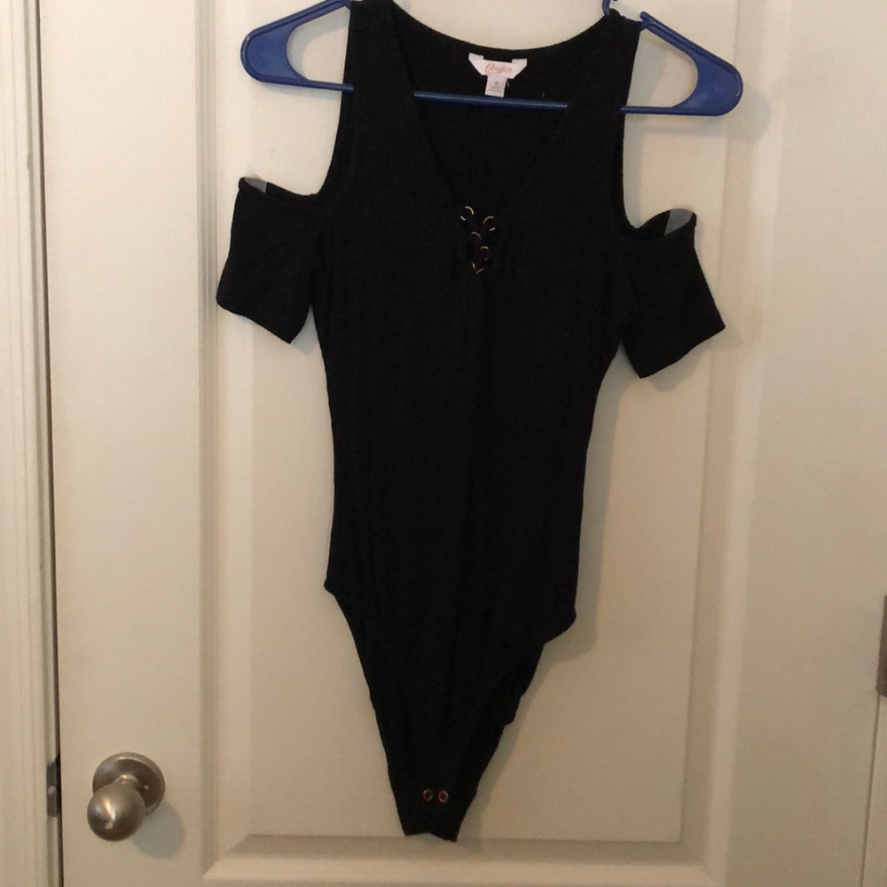 Black peekaboo shoulder bodysuit